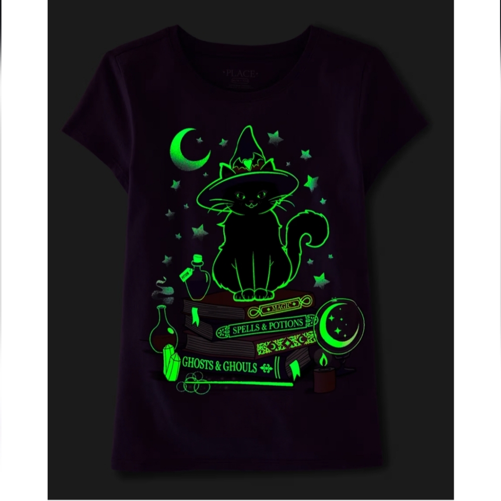 Girls Glow In The Dark Black Cat Witch Graphic Tee Size XL - Picture 2 of 11